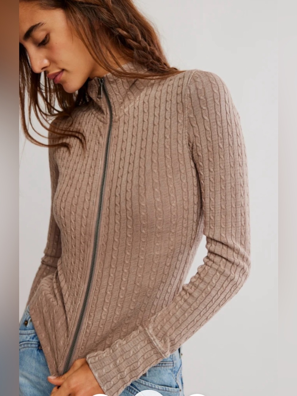 4. BNWT Free People $140 Brunch Girl Cable-Knit Zip-Up – Dusted Cocoa